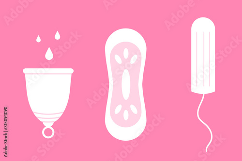 Female hygiene product vector icons, tampon, pantyliner, menstrual cup.