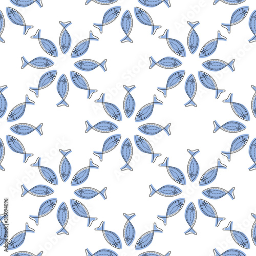 Seamless pattern with hand drawn fishes, doodle style. Silhouettes and contours, vector illustration on white background