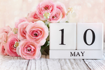 White wood calender blocks and pink ranunculus flowers with the date May 10 th for Mother's Day. Selective focus with blurred background.
