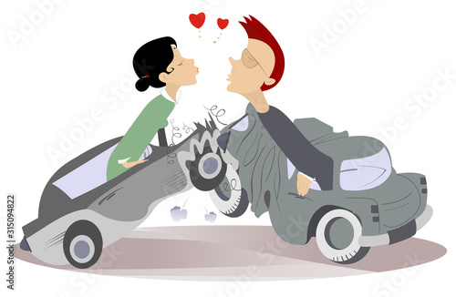 Road accident and love couple illustration. Two broken cars. Man and woman fall into the road accident and find love isolated on white