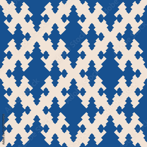 Vector abstract geometric seamless pattern. Elegant background in blue and beige color. Simple luxury ornament with rhombuses, diamond shapes. Stylish ornamental repeat graphic texture. Ethnic design