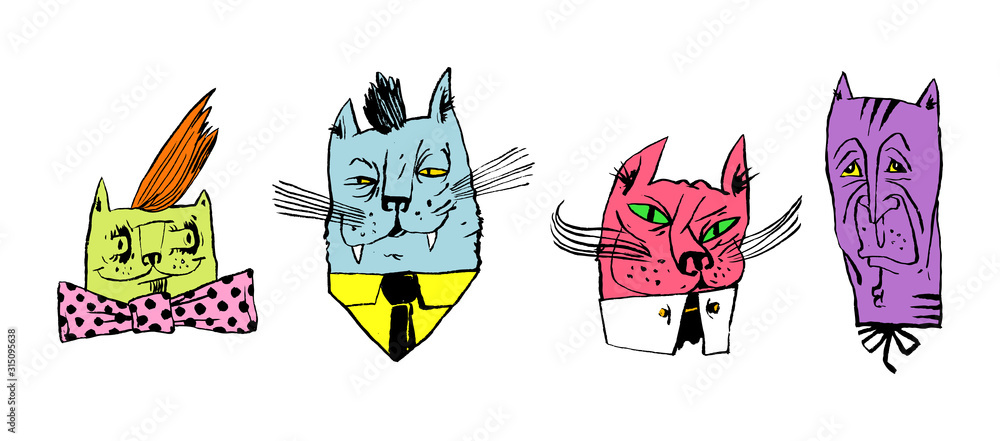 Image of four cheerful multi-colored cat. Color illustration, perfect for use in publications, packaging, posters, souvenirs, t-shirt prints, stickers.