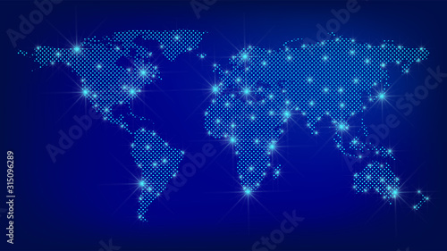 World map. Dotted map. Dots World map with spotlights on dark blue background. Global social network. Blue futuristic background with planet Earth. EPS10