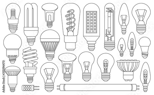 Light bulb line vector illustration on white background. Electric and energy lamp line vector set.Isolated vector icon light bulb.