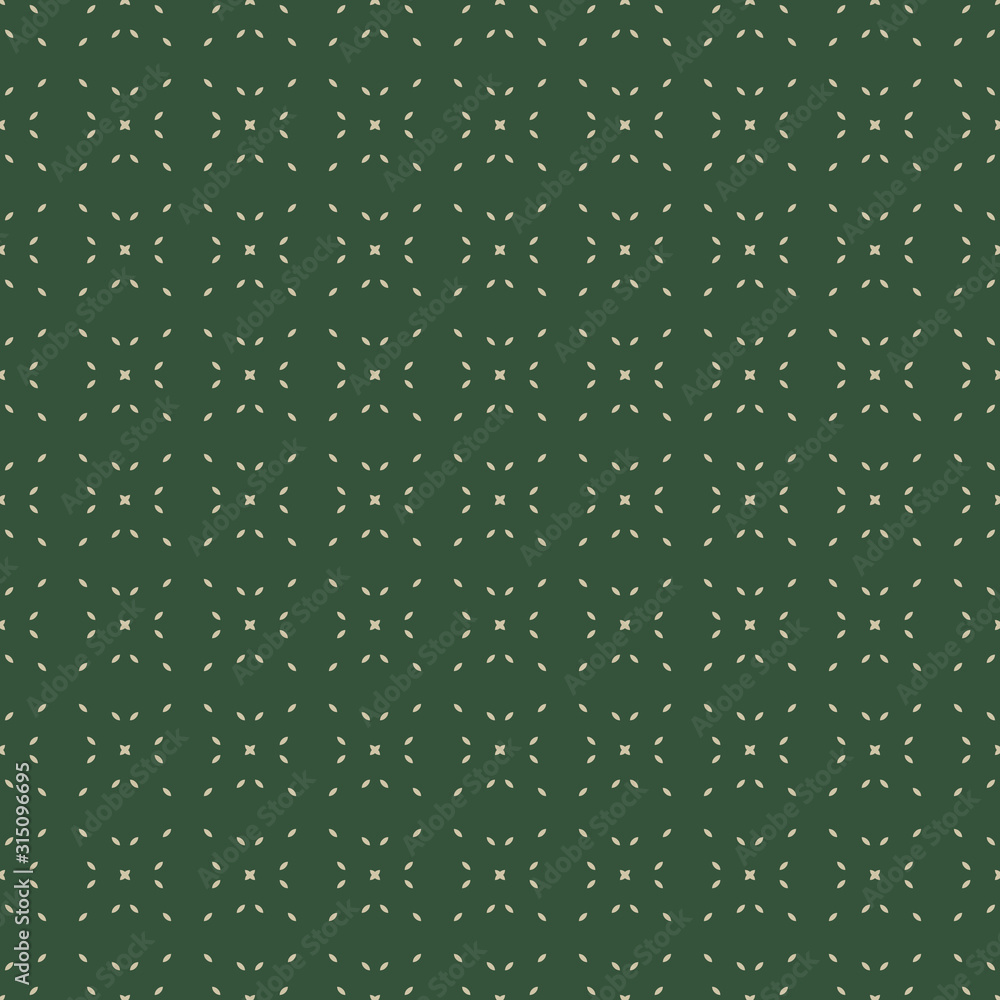 Vector minimalist seamless pattern. Abstract geometric texture with small shapes, seeds, dots. Simple minimal dark green background. Subtle repeat design for decor, wallpaper, textile, fabric, carpet Vector minimalist seamless pattern. Abstract geometric texture with small shapes, seeds, dots. Simple minimal dark green background. Subtle repeat design for decor, wallpaper, textile, fabric, carpet