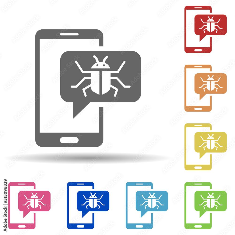 Bug attack, corrupting system, mobile bug in multi color style icon. Simple glyph, flat vector of internet security icons for ui and ux, website or mobile application