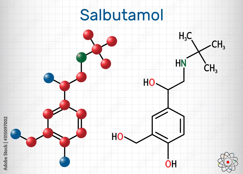 Salbutamol, albuterol molecule. It is a short-acting agonist used in the treatment of asthma and COPD. Structural chemical formula and molecule model. Sheet of paper in a cage. Salbutamol, albuterol molecule. It is a short-acting agonist used in the treatment of asthma and COPD. Structural chemical formula and molecule model. Sheet of paper in a cage.