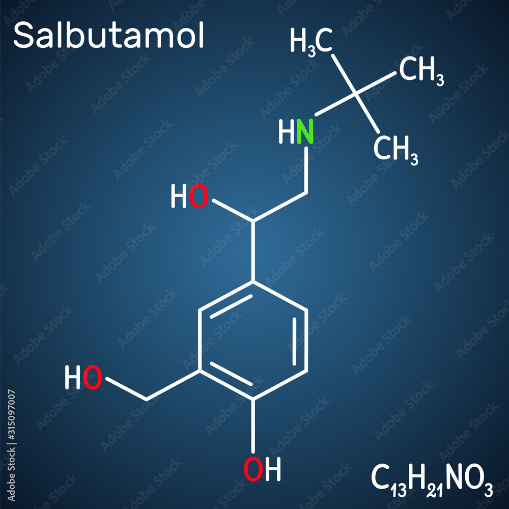 Salbutamol, albuterol molecule. It is a short-acting agonist used in the treatment of asthma and COPD. Structural chemical formula on the dark blue background Salbutamol, albuterol molecule. It is a short-acting agonist used in the treatment of asthma and COPD. Structural chemical formula on the dark blue background