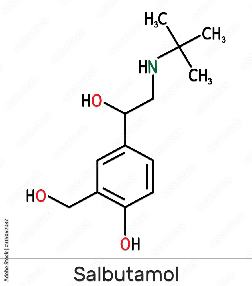 Salbutamol, albuterol molecule. It is a short-acting agonist used in the treatment of asthma and COPD. Skeletal chemical formula Salbutamol, albuterol molecule. It is a short-acting agonist used in the treatment of asthma and COPD. Skeletal chemical formula