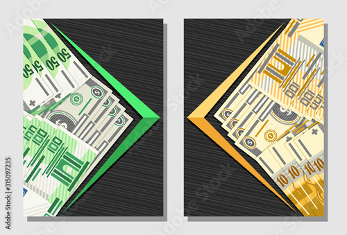 Vector set of Covers for Currency Exchange with copy space, decorative banners with cartoon paper banknotes of dollar usa, 100 european euro on gray abstract backdrop for text.