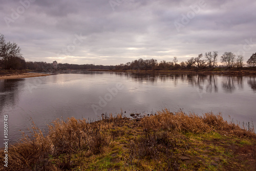 Fototapeta Naklejka Na Ścianę i Meble -  Germany, Saxony-Anhalt, Dessau-Rosslau: Nature scenery at famous junction of rivers Elbe and Mulde with trees, grass, calm river water and overcast cloudy sky - concept natural environment riverbank