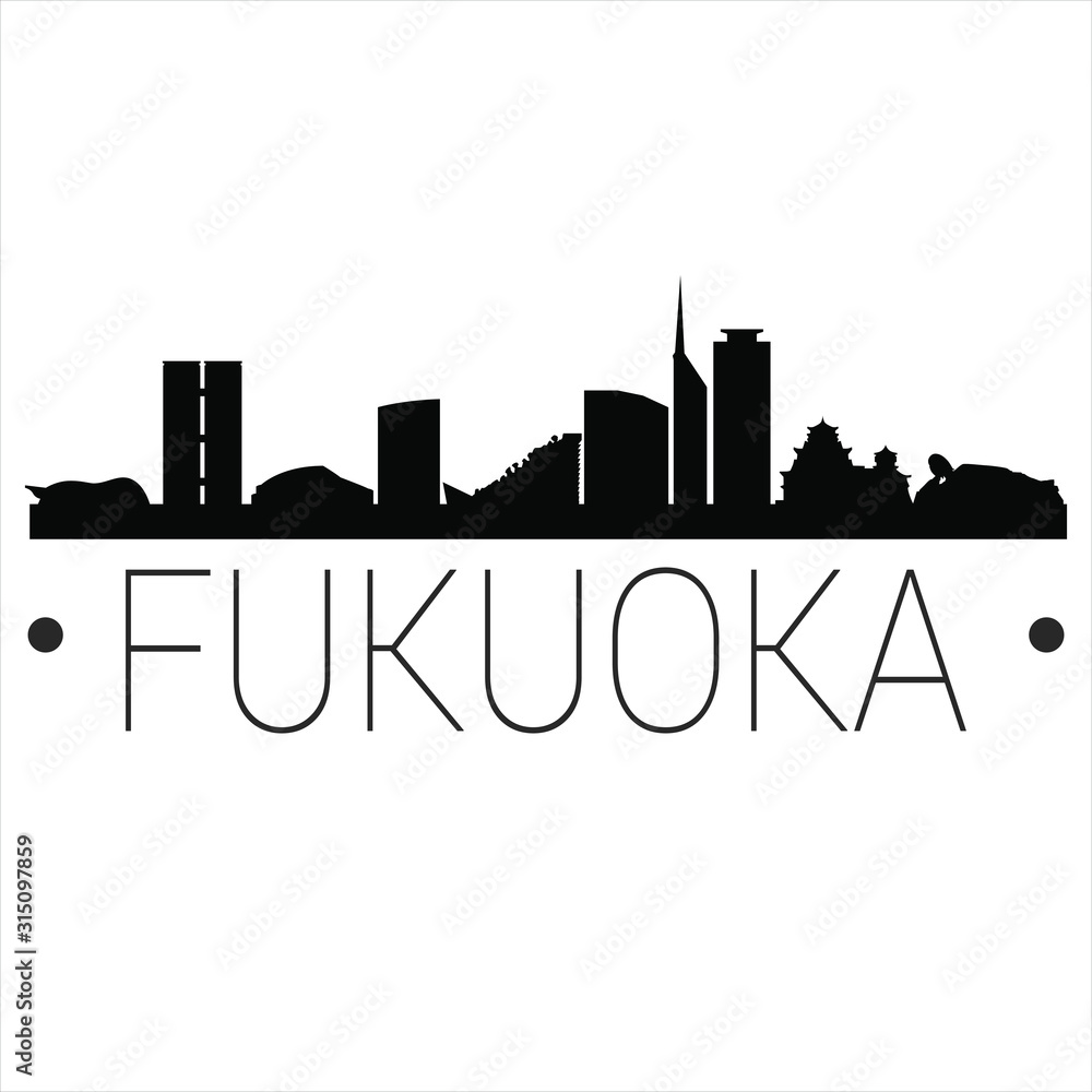 Fukuoka Japan Flat Icon Skyline Vector Silhouette Design Set. Famous Buildings Travel.