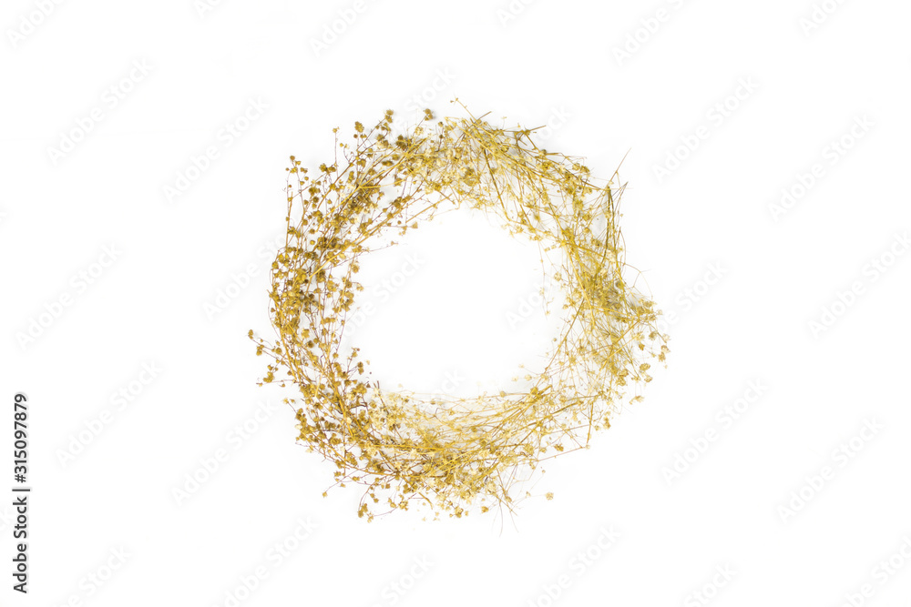 Flat lay , circular layout dried golden flowers isolated on white background Flat lay , circular layout dried golden flowers isolated on white background