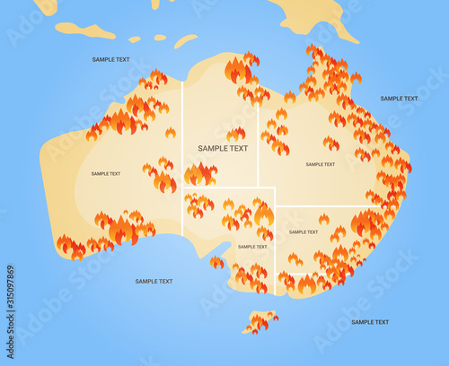 map of Australia with symbols of bushfires seasonal wildfires dry woods burning global warming natural disaster concept flat vector illustration