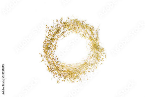 Flat lay , circular layout dried golden flowers isolated on white background
