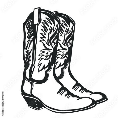 Cowboy boots and hat. Vector graphic hand drawn illustration isolated on white for print or design photo