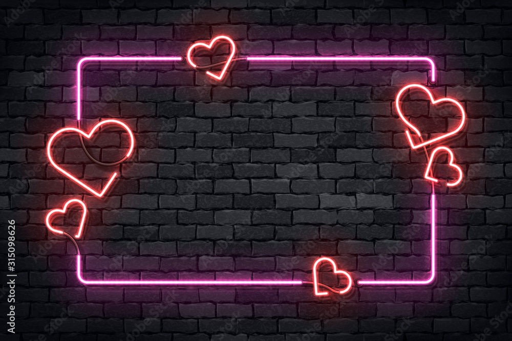 Obraz premium Wektor realistyczny neonowy znak na białym tle ramki z sercami do dekoracji szablonu i pokrycia układu na tle ściany. Koncepcja Happy Valentines Day.