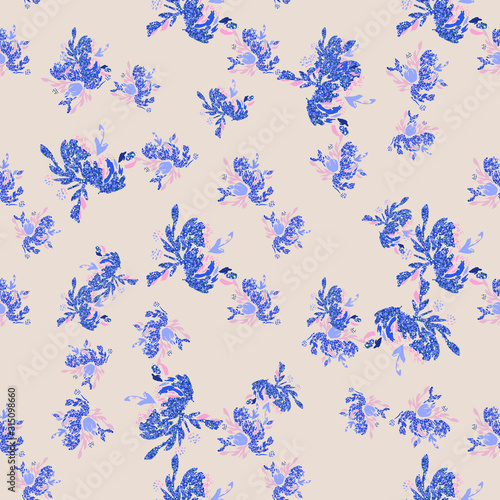 Blue floral background. Glitter textured seamless pattern with flowers bouquet