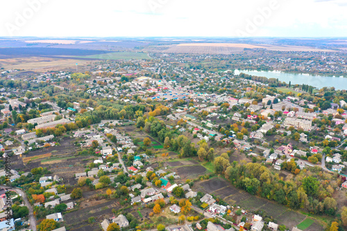 Fototapeta Naklejka Na Ścianę i Meble -  Drone shooting. A small town in Ukraine. October. Autumn. 