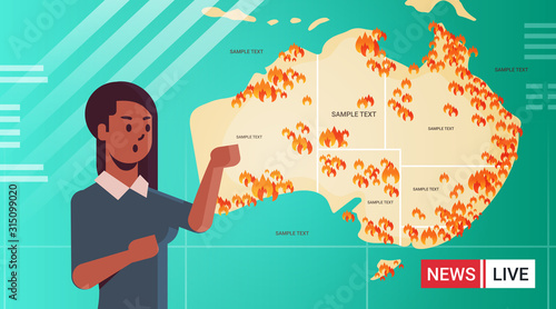 breaking news african american reporter live brodcasting showing map of Australia with symbols of bushfires seasonal wildfires dry woods burning global warming natural disaster concept portrait vector