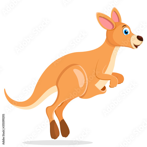 Kangaroo jumps and smiles on a white background.