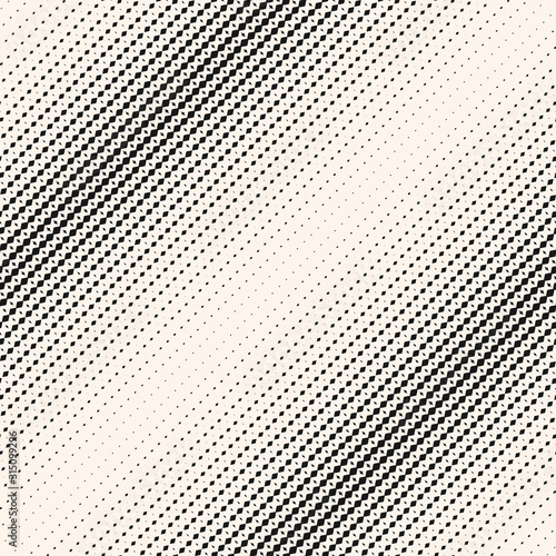 Vector halftone seamless pattern. Black and white texture with grid  weave  lattice  tiny diamond shapes. Diagonal gradient transition effect. Abstract geometric background. Trendy monochrome design 