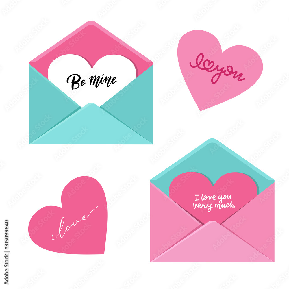 Flat envelopes set on white background. Open envelope with big heart in it, love letter concept with hand lettering quotes. Flat vector illustration