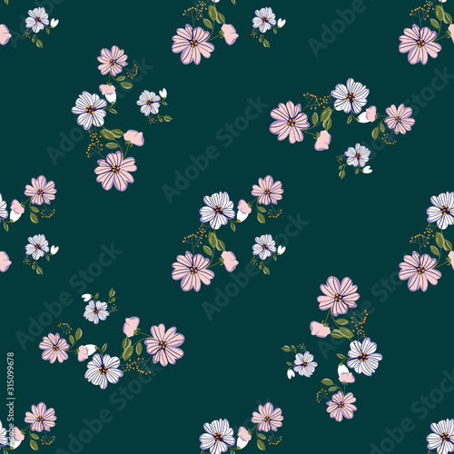 Seamless pattern with colorful hand drawn flowers. Original textile, wrapping paper, wall art surface design. Vector illustration. Floral simple minimalistic graphic design