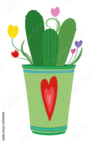 Vector Love heats. Love plants  cactus in a home pot. Valentine s Day Gift. Home plants cactus grown in love.