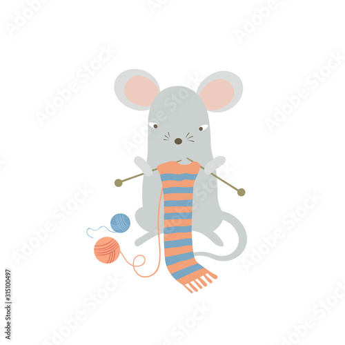 Cute mouse knitting a scarf. Funny cartoon rat enjoying cozy leisure activity at home. Humanized symbol of 2020 Chinese animal zodiac. Vector isolated  illustration