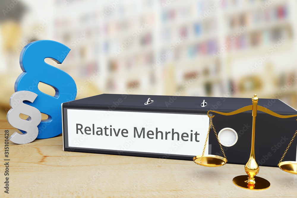 Relative Mehrheit Ordner mit Beschriftung, Paragraf und Waage Recht