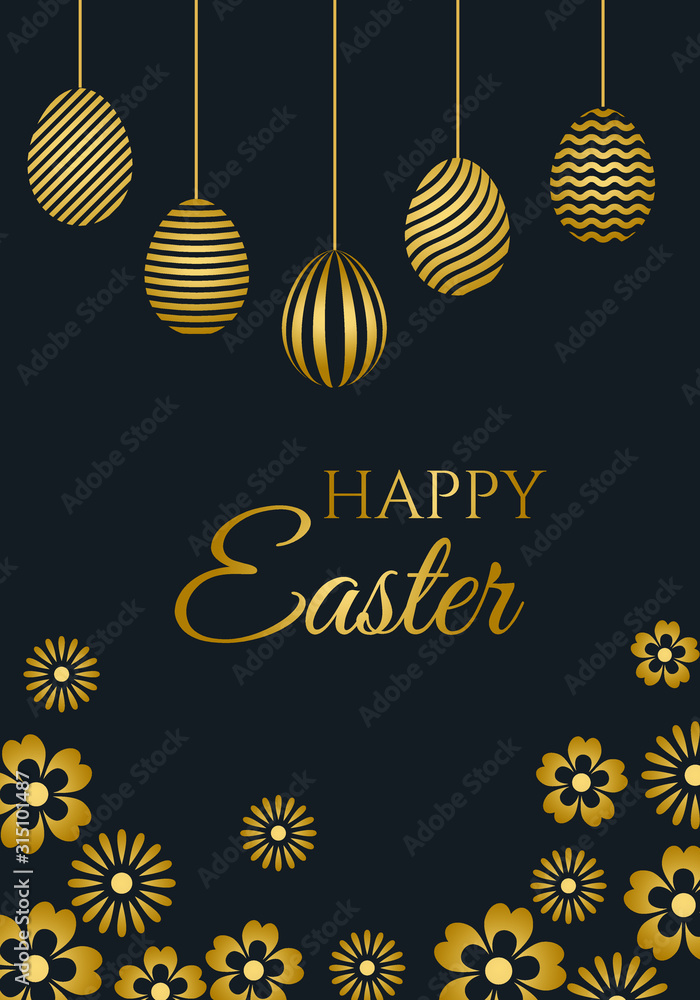 Happy Easter luxury holiday card with easter greeting and gold colored easter eggs. Vector illustration.