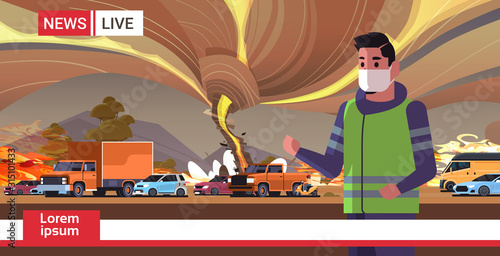 breaking news man reporter in mask live brodcasting bush fire dry woods burning trees global warming natural disaster ecology problem concept portrait horizontal vector illustration