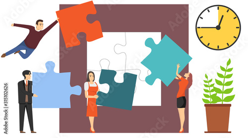 Collaboration, cooperation, partnership, mutual assistance. A group of people, mini characters assemble a puzzle. Vector illustration.