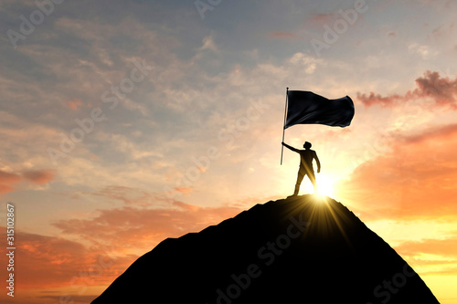 Flag being waved at the top of a mountain summit. 3D Rendering