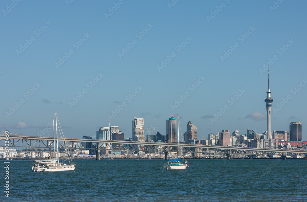 Auckland New Zealand. Skyline with tv-tower and bridge