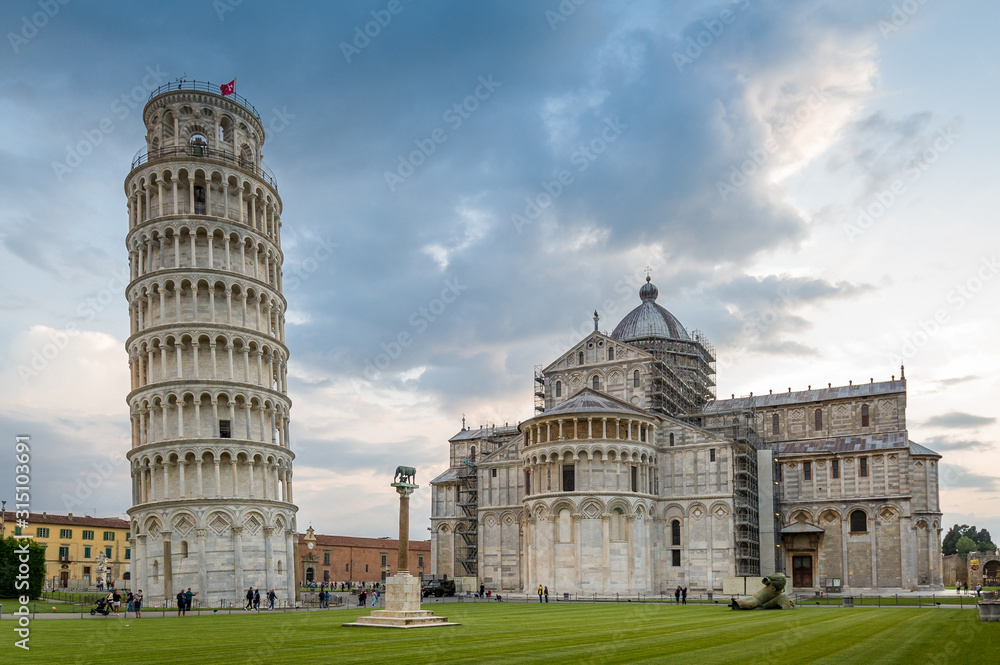 Piazza del Duomo and Pisa tower at susnet. Toscano, Italy.