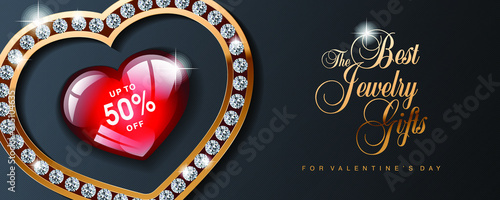 Luxury Valentines Day jewelry sale, special offer, discount, advertising campaign vector banner, flyer, poster, voucher, website header template with gold jewelry, diamonds and text on black