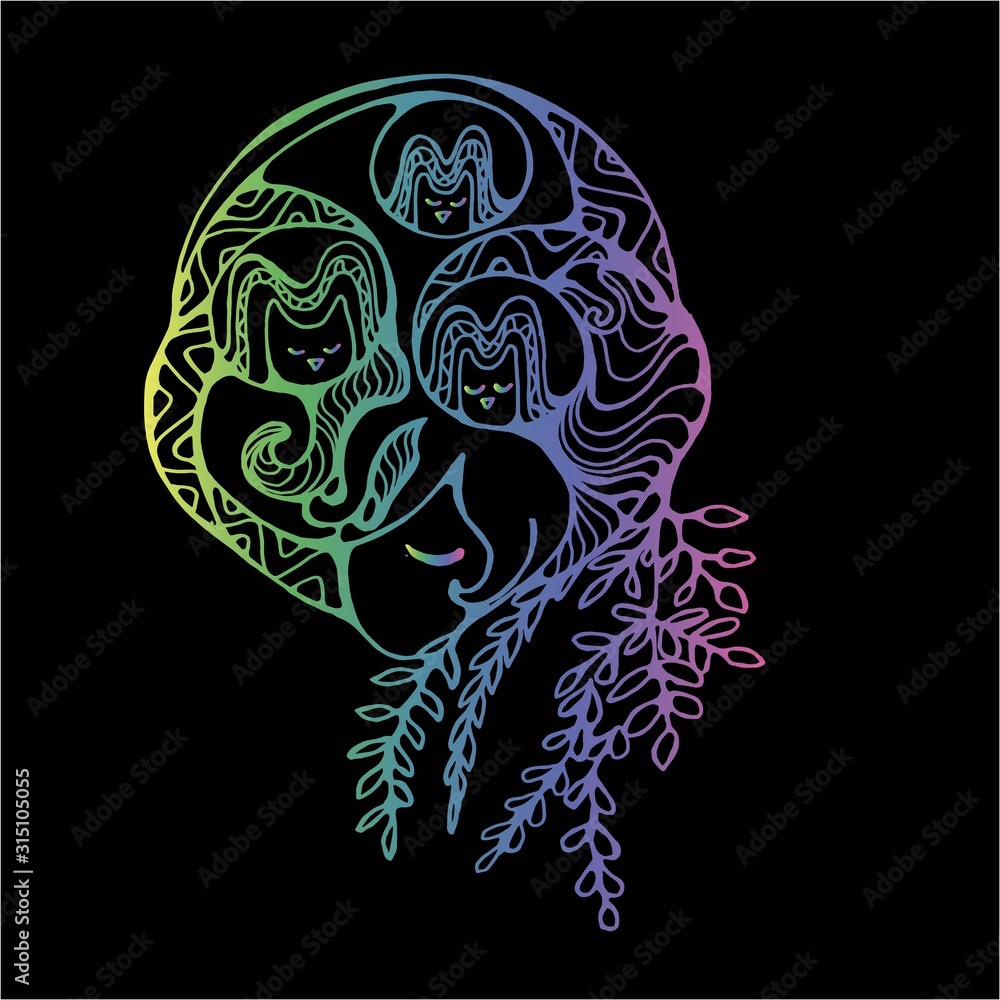 Fototapeta premium Illustration of a girl with owls in her head. A meditative image of the spirit of the forest. The idea for a tattoo.