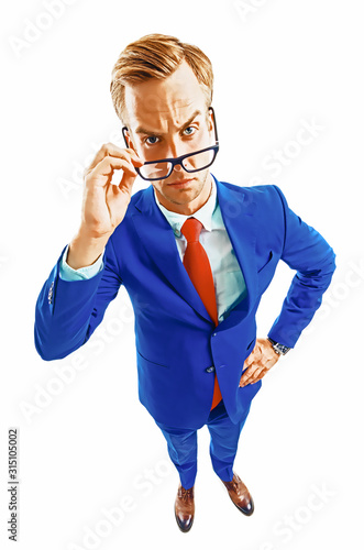 Quadro su tela Are you seriously?! Portrait of funny skeptic young businessman in blue confident suit and red tie, looking through glasses, isolated against white background