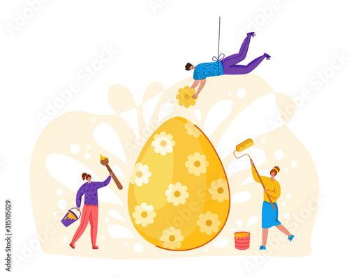 Easter Day - miniature people decorate giant easter eggs, tiny man and woman with macro spring holiday objects, teamwork concept, ideal for banner, website, cards - vector flat or handdrawn characters