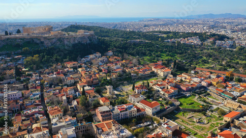 Fototapeta Naklejka Na Ścianę i Meble -  Aerial drone photo of picturesque Plaka district in the slopes of Acropolis hill, Athens historic centre, Attica, Greece