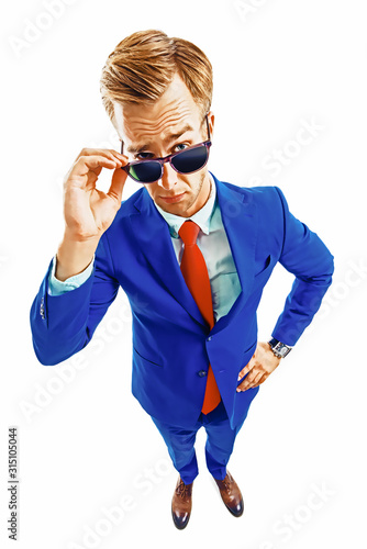 Photography Are you seriously?! Full body portrait of funny skeptic young businessman in blue confident suit and red tie, looking through sunglasses, isolated against white background