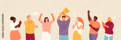 Happy people winners with a cup. Success and teamwork vector illustration
