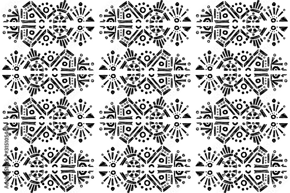 Fototapeta premium Ikat pattern etnic indian ornamental black and white illustration. Navajo motif texture ornate design for surface print. Black and white background