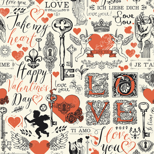 Vector seamless pattern with red hearts, keys, keyholes, cupids and inscriptions on the theme of love. Abstract background in retro style with the words I love you in different languages.
