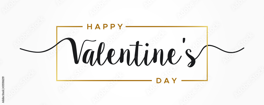 Fototapeta Happy Valentine's DayText Lettering hand written calligraphic black text with gold square isolated on white background vector illustration. usable for web banners, posters and greeting cards
