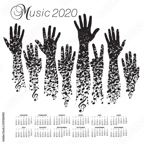 A creative 2020 musical calendar made with hands and notes