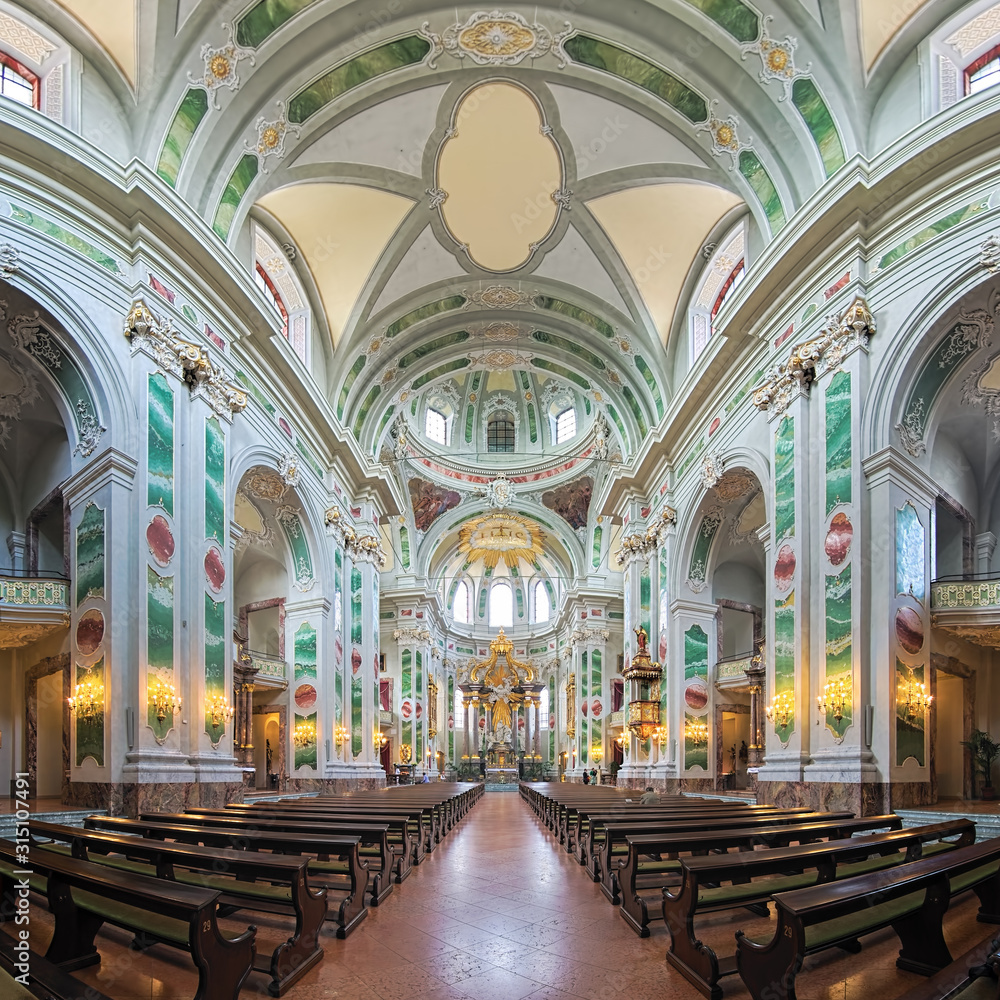 Mannheim, Germany. Panorama of interior of Jesuit Church of St. Ignatius and St. Francis Xavier. The church was built in 1733-1756 by design of the Italian architect Alessandro Galli da Bibiena.