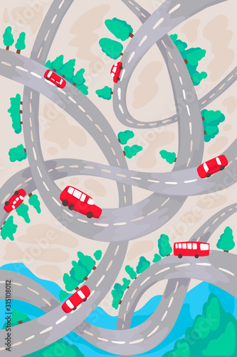 Children road map with cars. Vector illustration